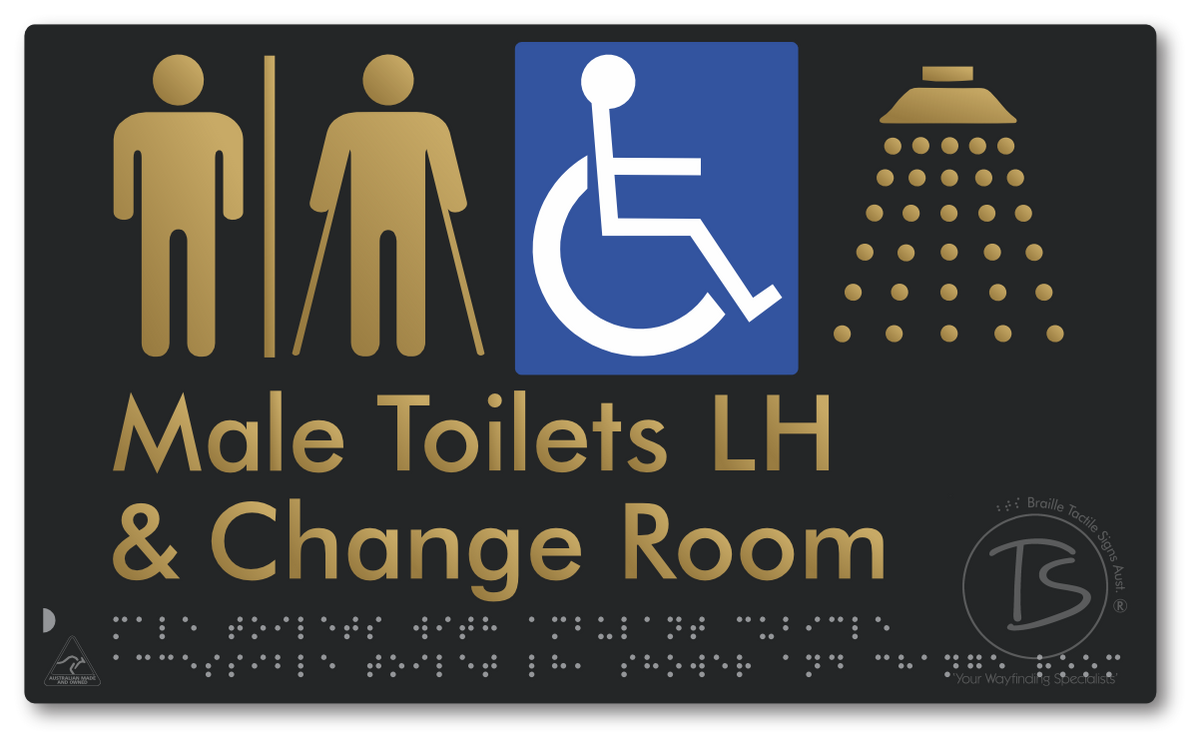 Male Toilets with Ambulant Cubicle Accessible Toilet LH, Shower and Change Room with Air Lock - Braille Tactile Signs Aust.