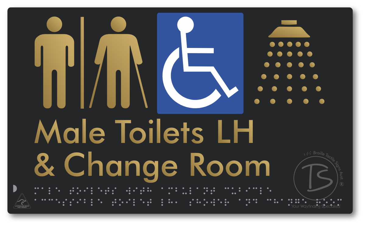 Male Toilets with Ambulant Cubicle Accessible Toilet LH, Shower and Change Room with Air Lock - Braille Tactile Signs Aust.