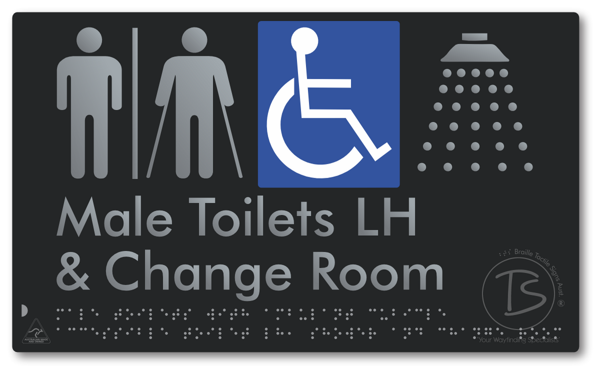 Male Toilets with Ambulant Cubicle Accessible Toilet LH, Shower and Change Room with Air Lock - Braille Tactile Signs Aust.
