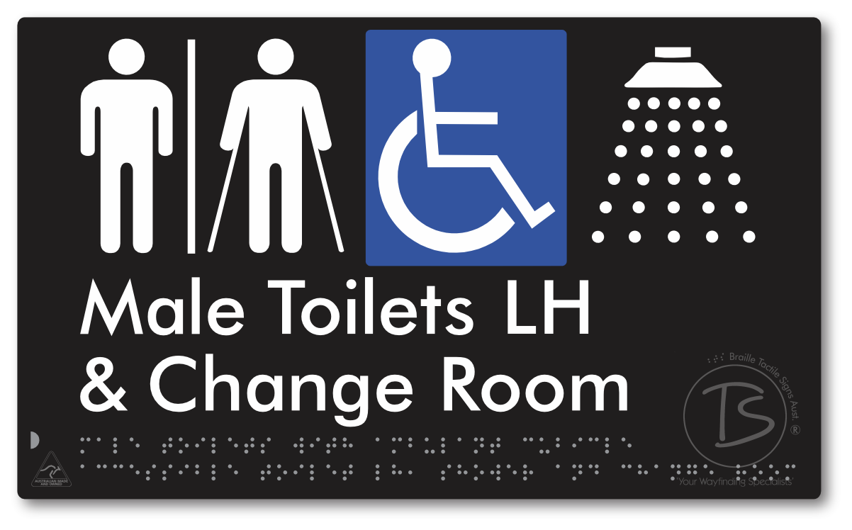 Male Toilets with Ambulant Cubicle Accessible Toilet LH, Shower and Change Room with Air Lock - Braille Tactile Signs Aust.