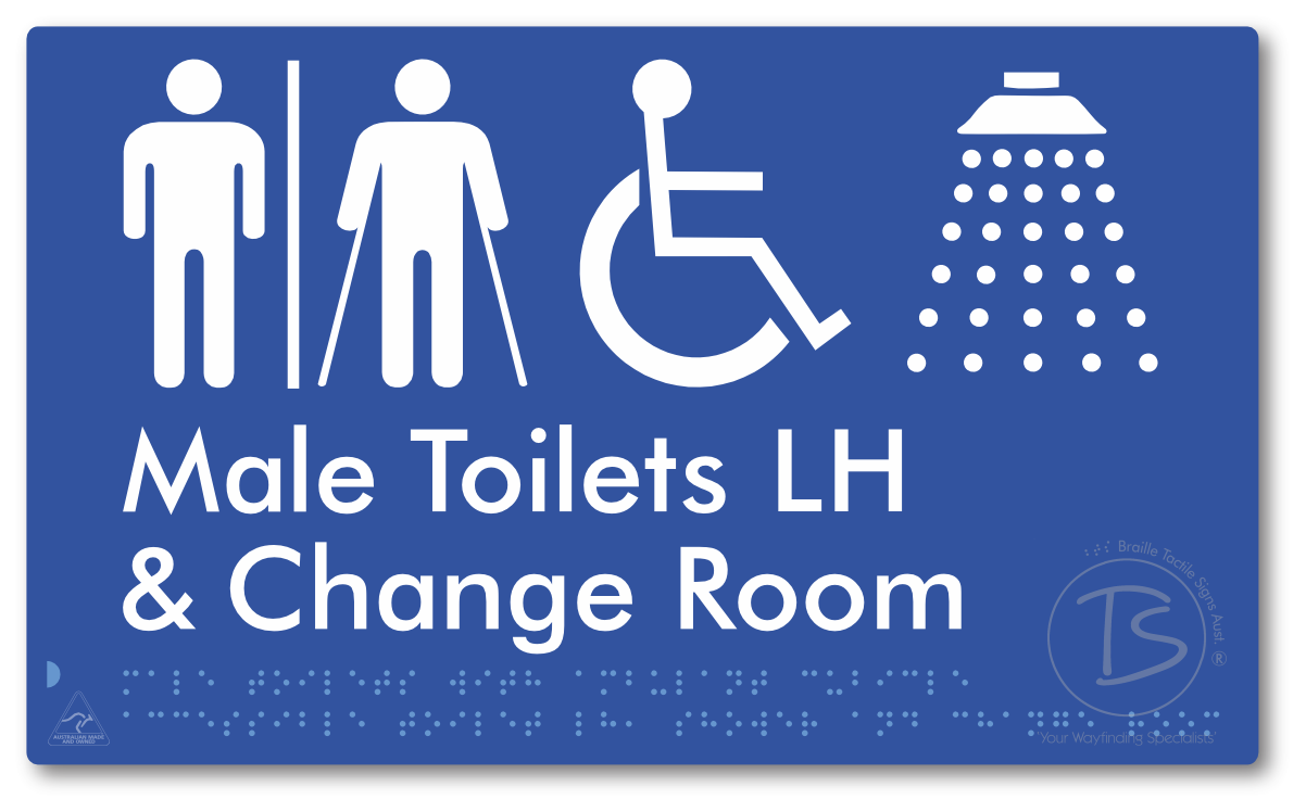 Male Toilets with Ambulant Cubicle Accessible Toilet LH, Shower and Change Room with Air Lock - Braille Tactile Signs Aust.