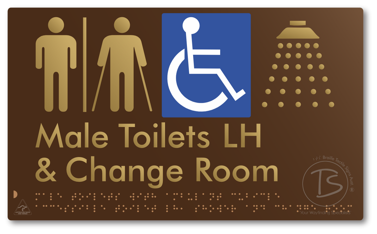 Male Toilets with Ambulant Cubicle Accessible Toilet LH, Shower and Change Room with Air Lock - Braille Tactile Signs Aust.