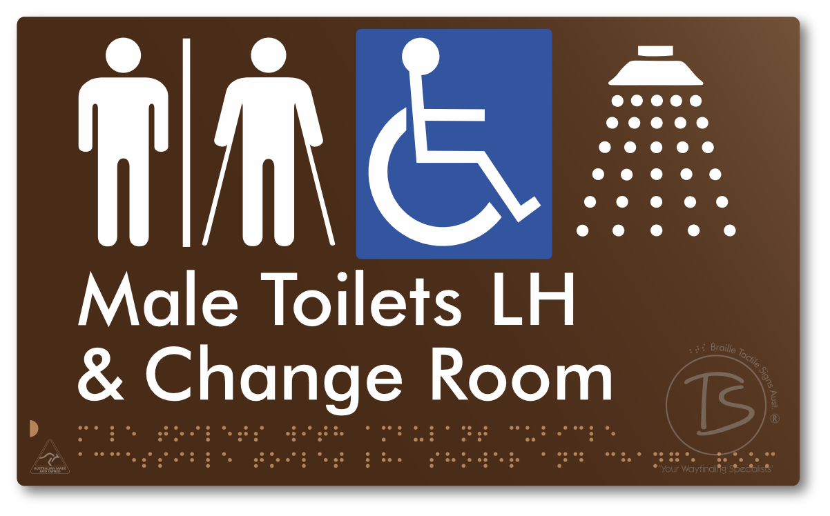 Male Toilets with Ambulant Cubicle Accessible Toilet LH, Shower and Change Room with Air Lock - Braille Tactile Signs Aust.