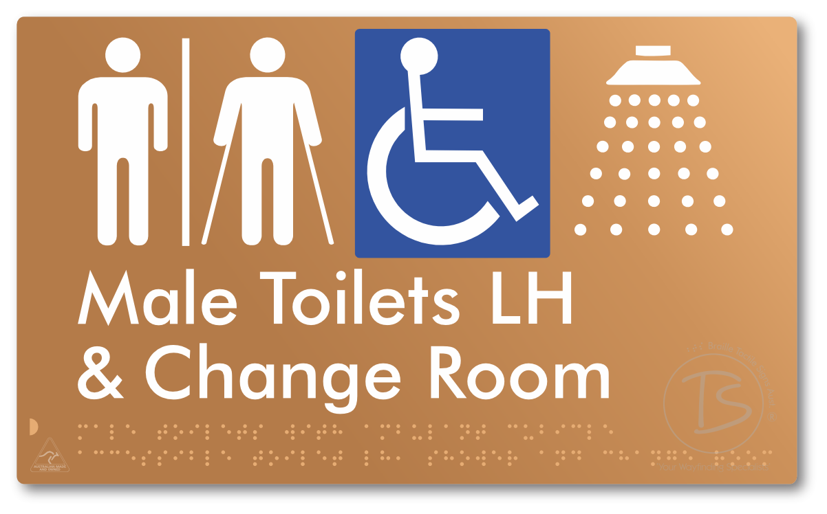 Male Toilets with Ambulant Cubicle Accessible Toilet LH, Shower and Change Room with Air Lock - Braille Tactile Signs Aust.