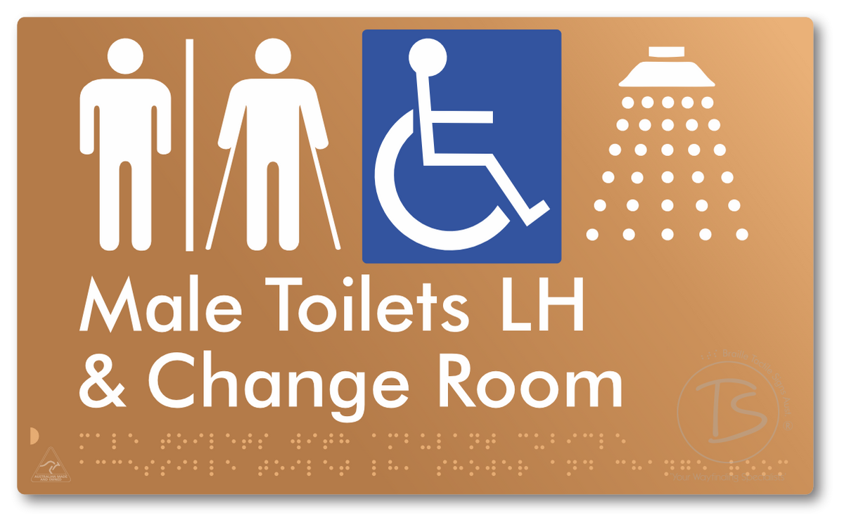 Male Toilets with Ambulant Cubicle Accessible Toilet LH, Shower and Change Room with Air Lock - Braille Tactile Signs Aust.