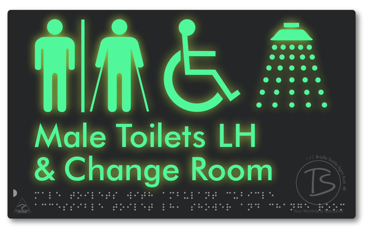 Male Toilets with Ambulant Cubicle Accessible Toilet LH, Shower and Change Room with Air Lock - Braille Tactile Signs Aust.