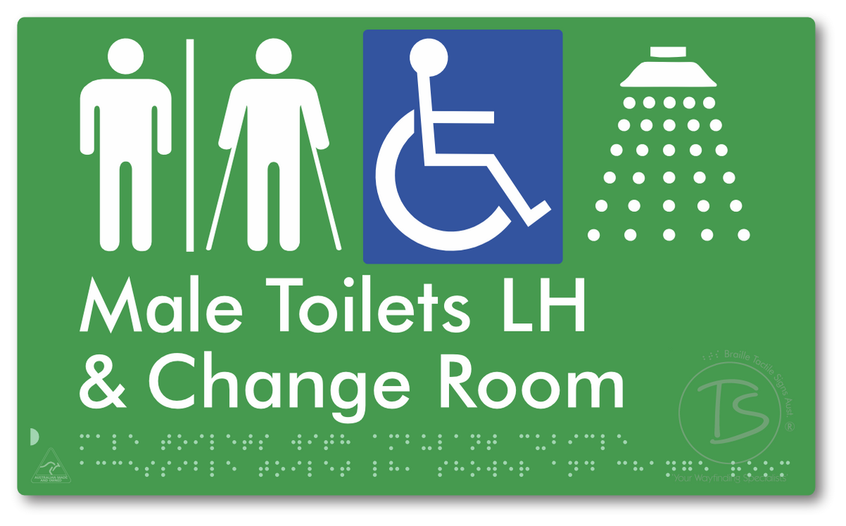 Male Toilets with Ambulant Cubicle Accessible Toilet LH, Shower and Change Room with Air Lock - Braille Tactile Signs Aust.