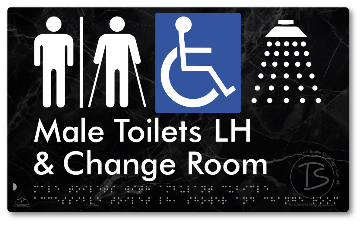 Male Toilets with Ambulant Cubicle Accessible Toilet LH, Shower and Change Room with Air Lock - Braille Tactile Signs Aust.