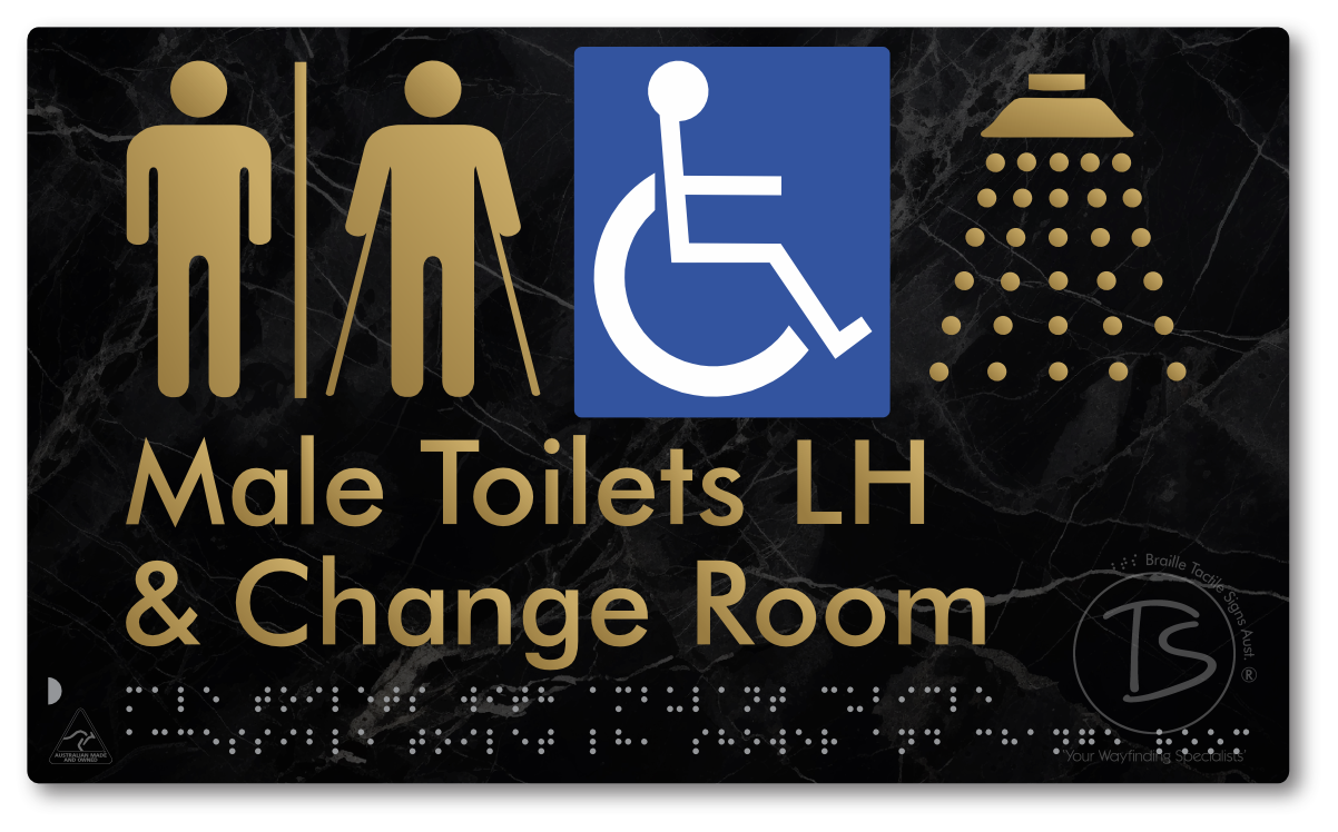 Male Toilets with Ambulant Cubicle Accessible Toilet LH, Shower and Change Room with Air Lock - Braille Tactile Signs Aust.