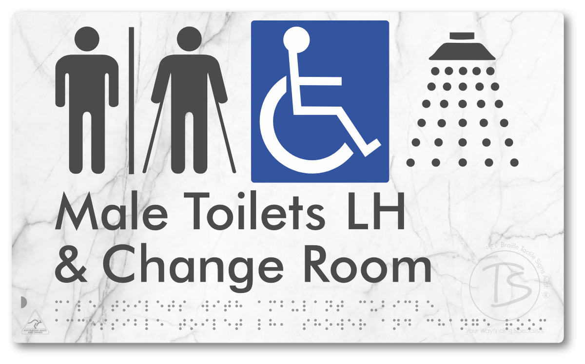 Male Toilets with Ambulant Cubicle Accessible Toilet LH, Shower and Change Room with Air Lock - Braille Tactile Signs Aust.