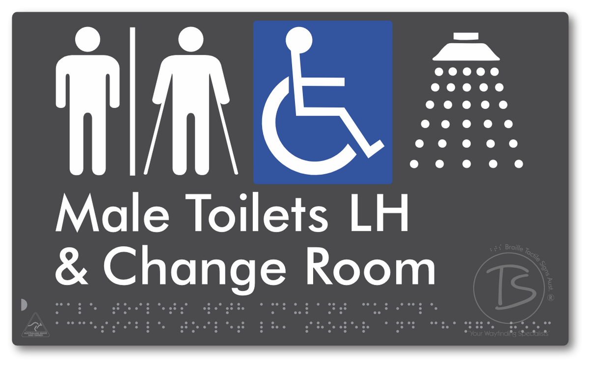 Male Toilets with Ambulant Cubicle Accessible Toilet LH, Shower and Change Room with Air Lock - Braille Tactile Signs Aust.