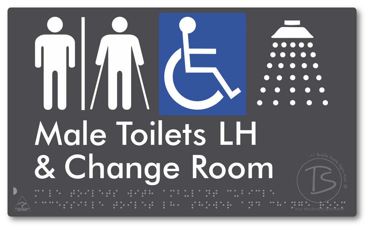 Male Toilets with Ambulant Cubicle Accessible Toilet LH, Shower and Change Room with Air Lock - Braille Tactile Signs Aust.
