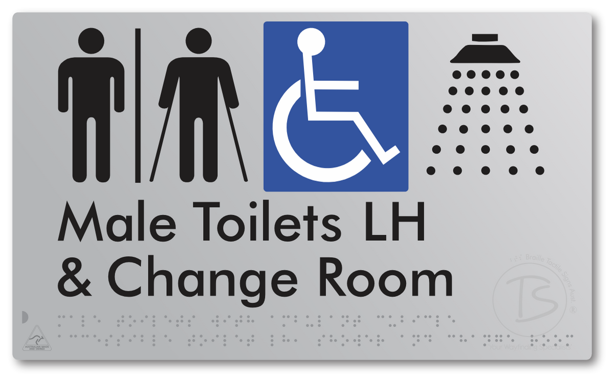 Male Toilets with Ambulant Cubicle Accessible Toilet LH, Shower and Change Room with Air Lock - Braille Tactile Signs Aust.