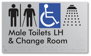 Male Toilets with Ambulant Cubicle Accessible Toilet LH, Shower and Change Room with Air Lock - Braille Tactile Signs Aust.