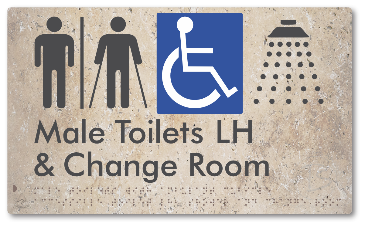 Male Toilets with Ambulant Cubicle Accessible Toilet LH, Shower and Change Room with Air Lock - Braille Tactile Signs Aust.