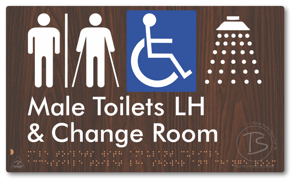 Male Toilets with Ambulant Cubicle Accessible Toilet LH, Shower and Change Room with Air Lock - Braille Tactile Signs Aust.