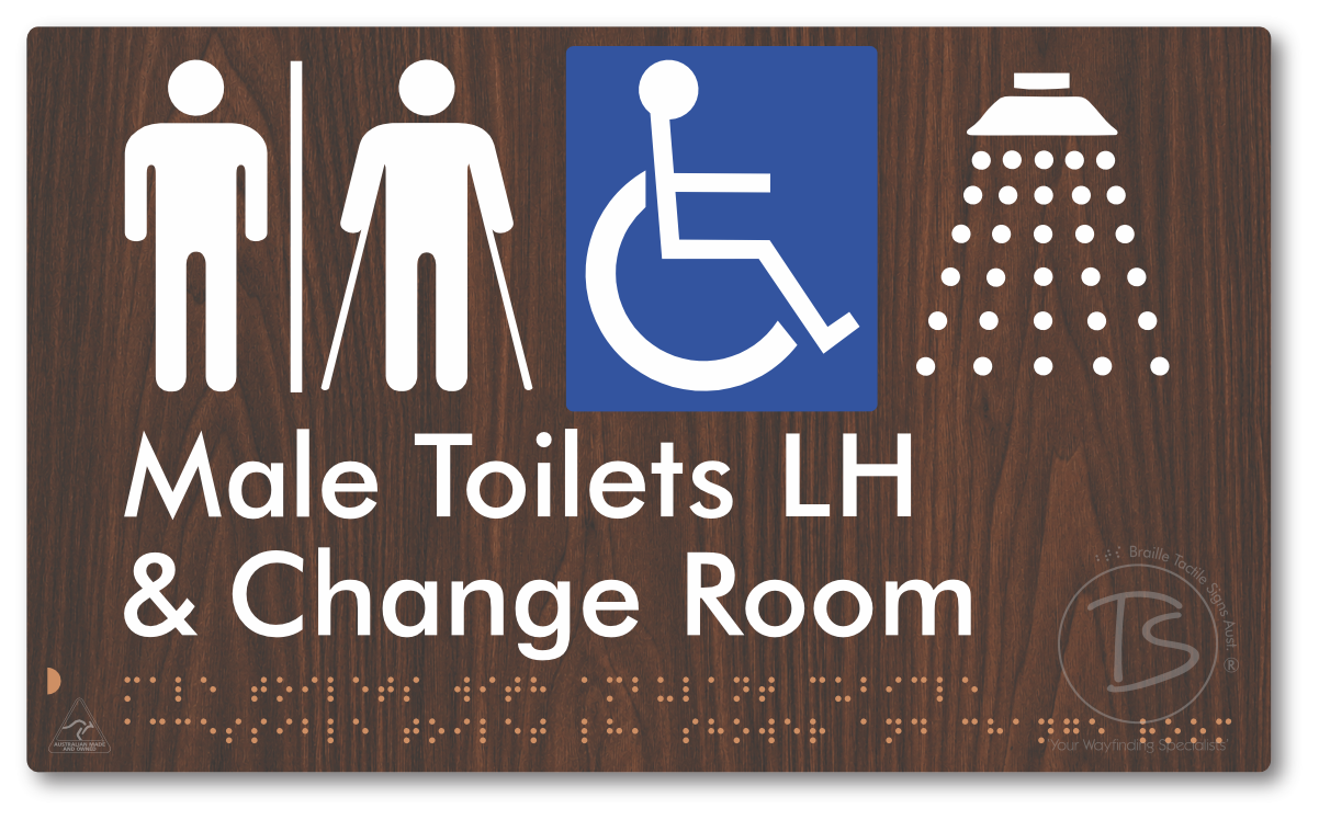 Male Toilets with Ambulant Cubicle Accessible Toilet LH, Shower and Change Room with Air Lock - Braille Tactile Signs Aust.