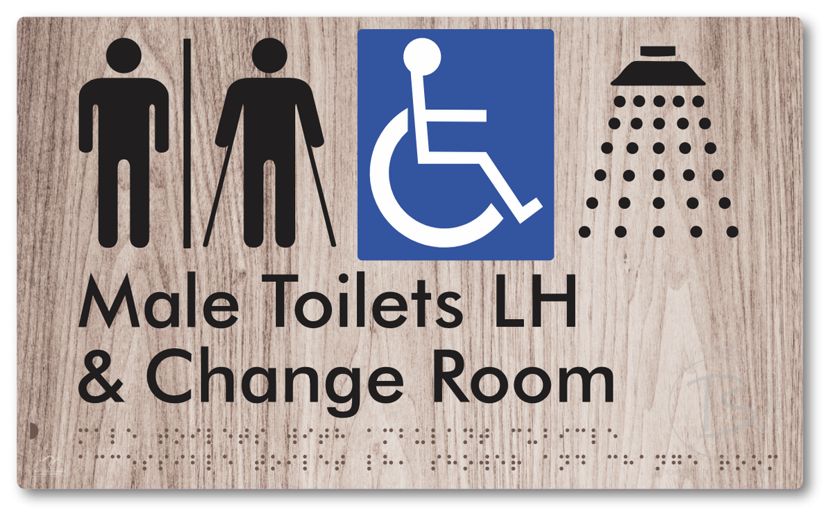 Male Toilets with Ambulant Cubicle Accessible Toilet LH, Shower and Change Room with Air Lock - Braille Tactile Signs Aust.