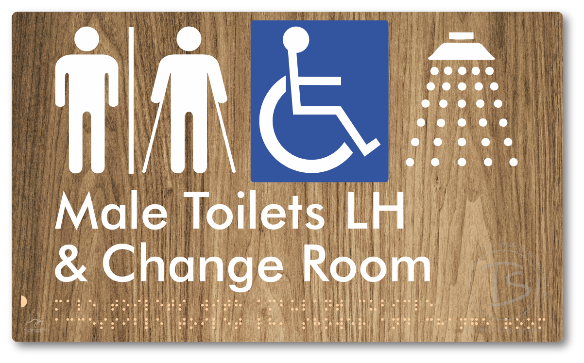 Male Toilets with Ambulant Cubicle Accessible Toilet LH, Shower and Change Room with Air Lock - Braille Tactile Signs Aust.