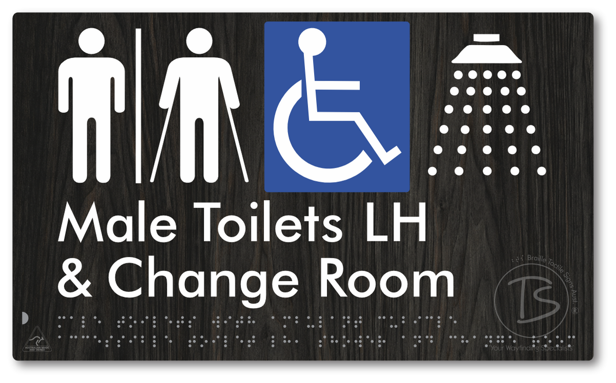 Male Toilets with Ambulant Cubicle Accessible Toilet LH, Shower and Change Room with Air Lock - Braille Tactile Signs Aust.