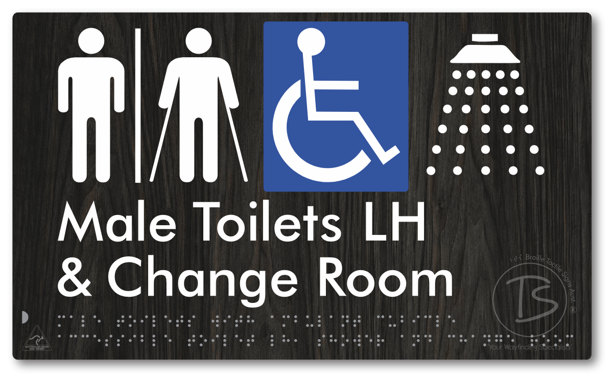 Male Toilets with Ambulant Cubicle Accessible Toilet LH, Shower and Change Room with Air Lock - Braille Tactile Signs Aust.