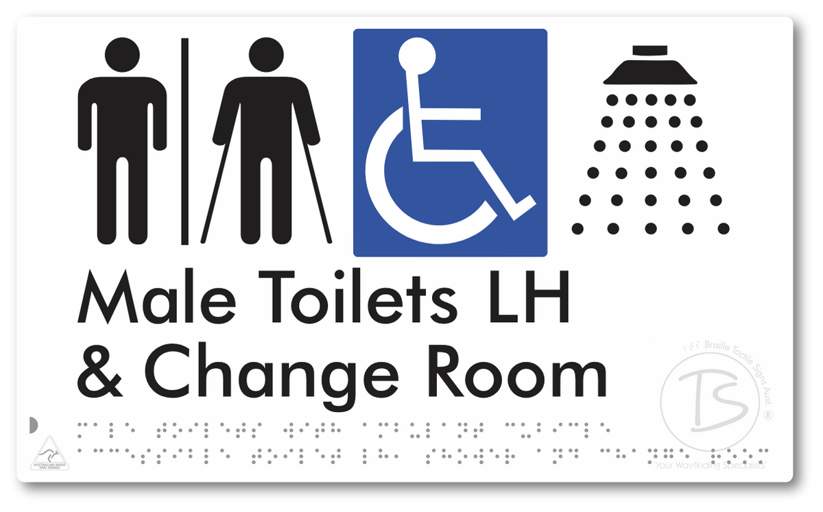 Male Toilets with Ambulant Cubicle Accessible Toilet LH, Shower and Change Room with Air Lock - Braille Tactile Signs Aust.
