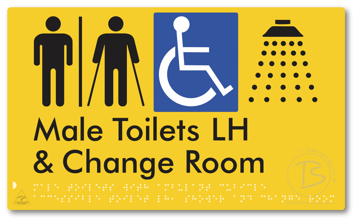 Male Toilets with Ambulant Cubicle Accessible Toilet LH, Shower and Change Room with Air Lock - Braille Tactile Signs Aust.