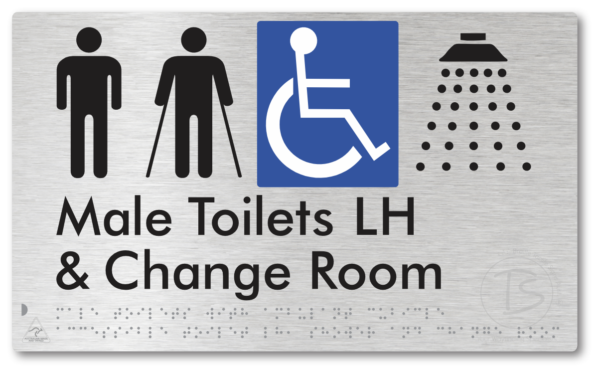 Male Toilets with Ambulant Cubicle Accessible Toilet LH, Shower and Change Room - Braille Tactile Signs Aust.
