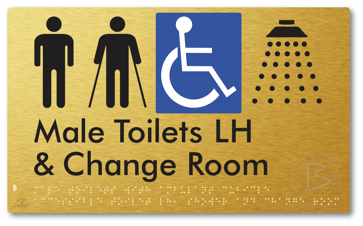 Male Toilets with Ambulant Cubicle Accessible Toilet LH, Shower and Change Room - Braille Tactile Signs Aust.