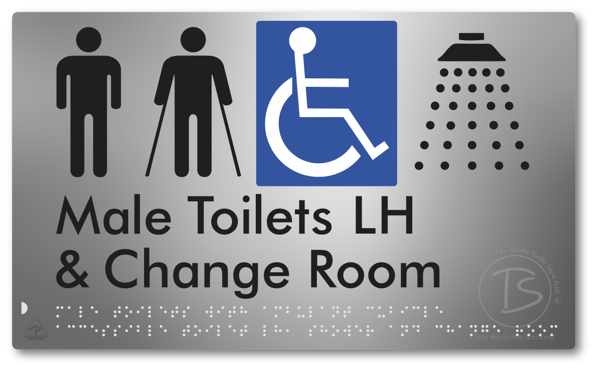 Male Toilets with Ambulant Cubicle Accessible Toilet LH, Shower and Change Room - Braille Tactile Signs Aust.