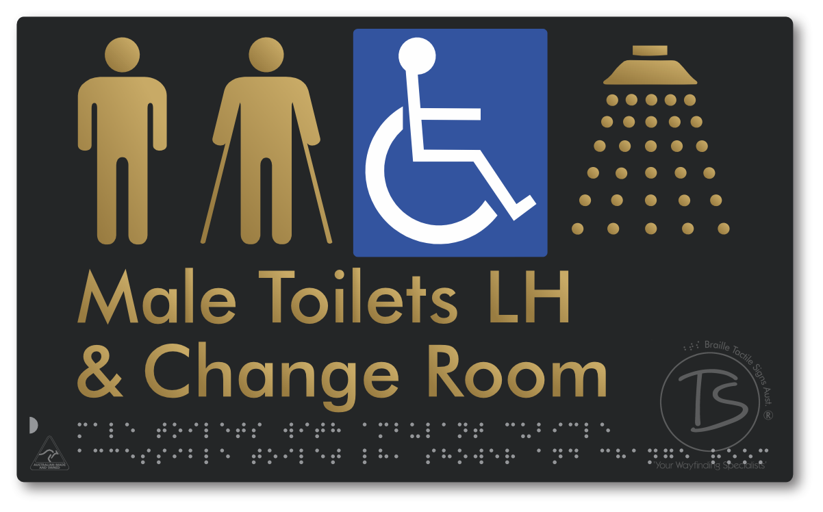 Male Toilets with Ambulant Cubicle Accessible Toilet LH, Shower and Change Room - Braille Tactile Signs Aust.