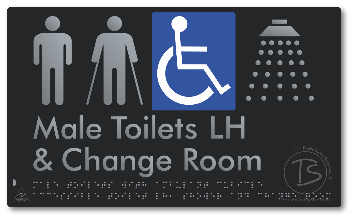 Male Toilets with Ambulant Cubicle Accessible Toilet LH, Shower and Change Room - Braille Tactile Signs Aust.