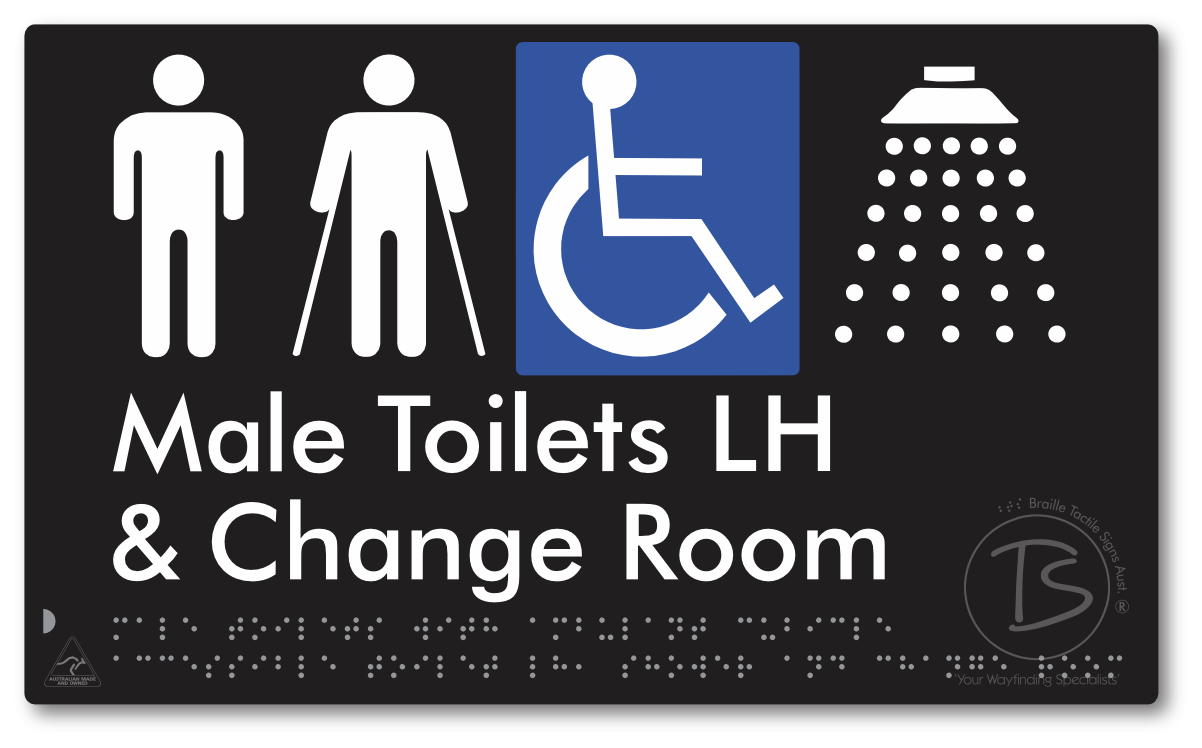 Male Toilets with Ambulant Cubicle Accessible Toilet LH, Shower and Change Room - Braille Tactile Signs Aust.