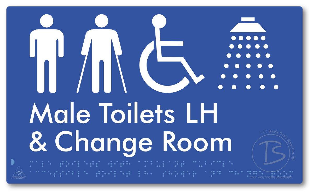 Male Toilets with Ambulant Cubicle Accessible Toilet LH, Shower and Change Room - Braille Tactile Signs Aust.