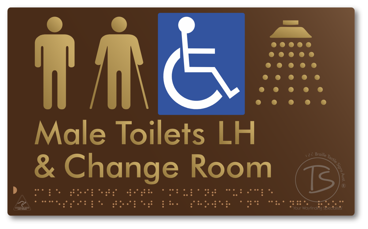 Male Toilets with Ambulant Cubicle Accessible Toilet LH, Shower and Change Room - Braille Tactile Signs Aust.