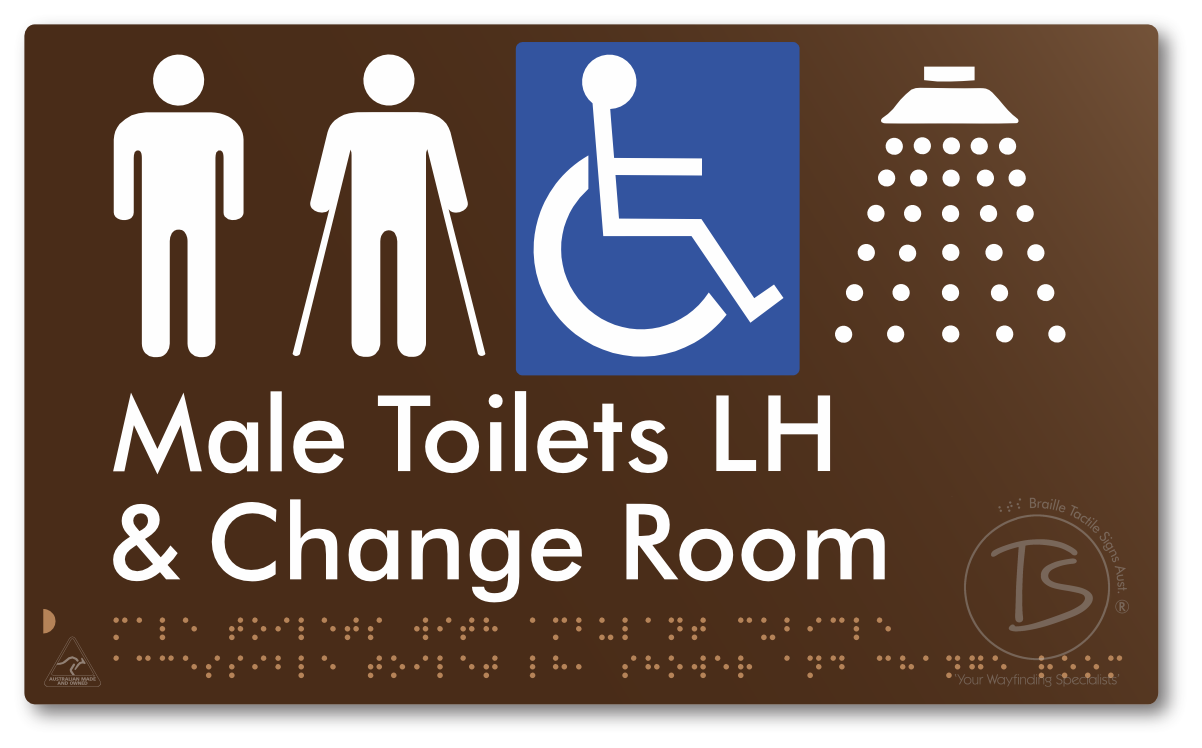 Male Toilets with Ambulant Cubicle Accessible Toilet LH, Shower and Change Room - Braille Tactile Signs Aust.