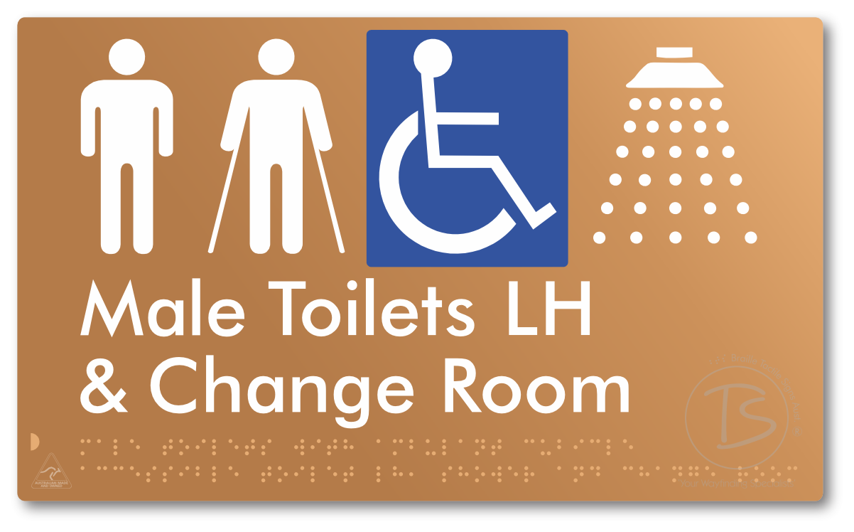 Male Toilets with Ambulant Cubicle Accessible Toilet LH, Shower and Change Room - Braille Tactile Signs Aust.