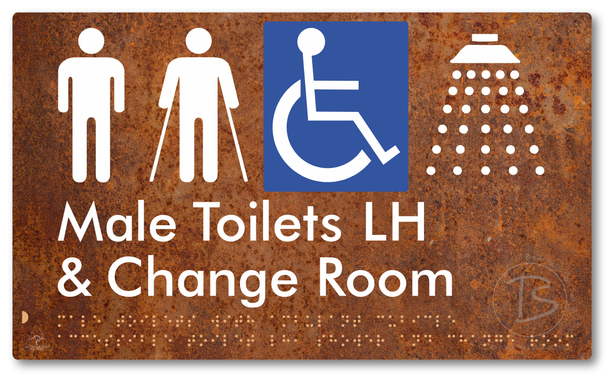 Male Toilets with Ambulant Cubicle Accessible Toilet LH, Shower and Change Room - Braille Tactile Signs Aust.