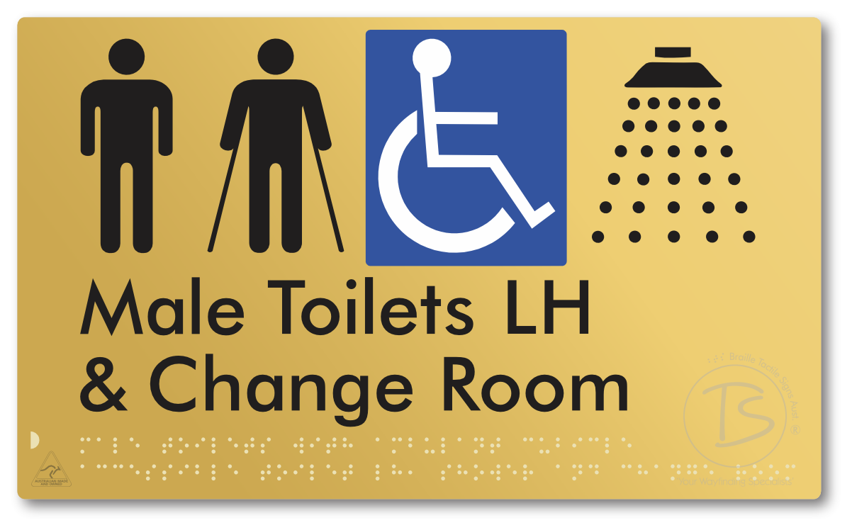 Male Toilets with Ambulant Cubicle Accessible Toilet LH, Shower and Change Room - Braille Tactile Signs Aust.