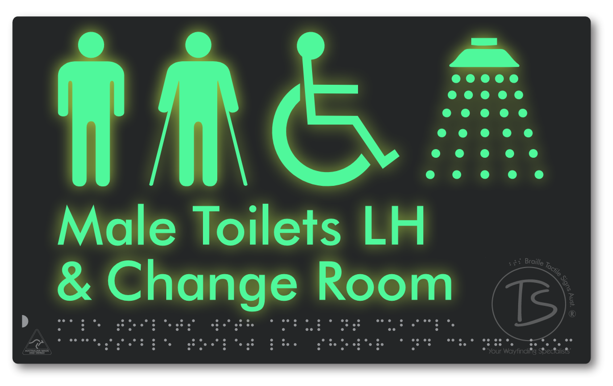 Male Toilets with Ambulant Cubicle Accessible Toilet LH, Shower and Change Room - Braille Tactile Signs Aust.