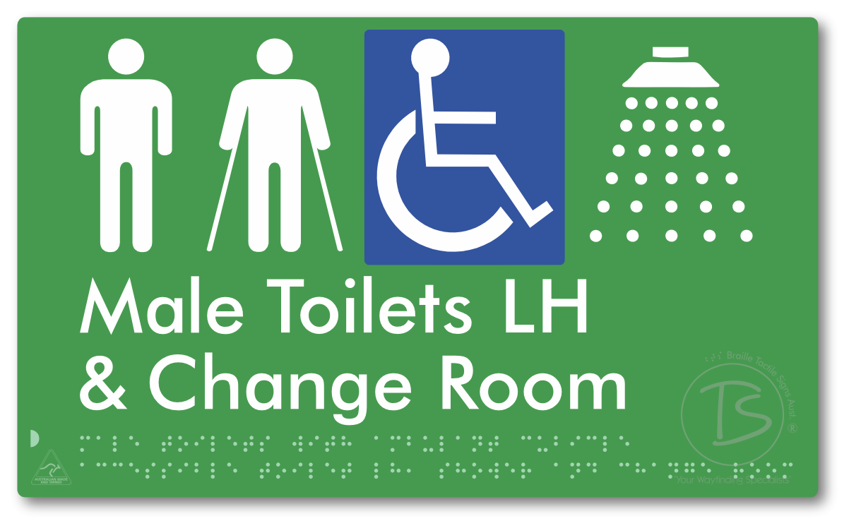 Male Toilets with Ambulant Cubicle Accessible Toilet LH, Shower and Change Room - Braille Tactile Signs Aust.
