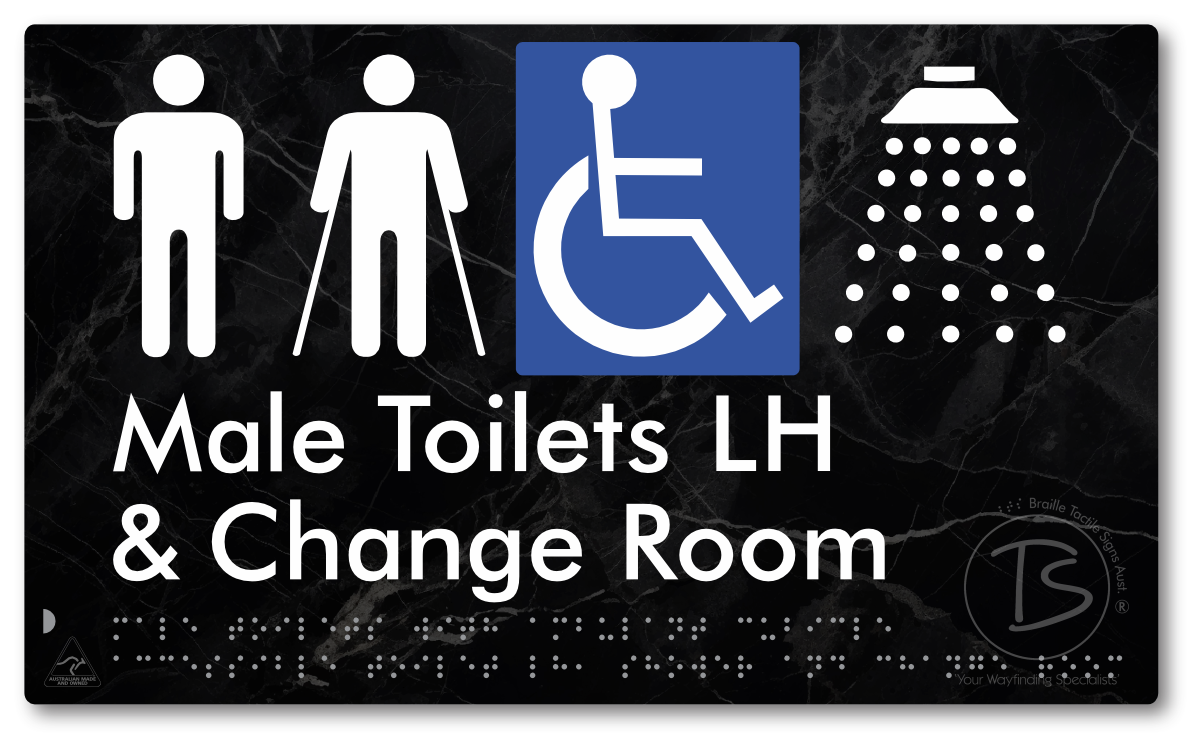 Male Toilets with Ambulant Cubicle Accessible Toilet LH, Shower and Change Room - Braille Tactile Signs Aust.
