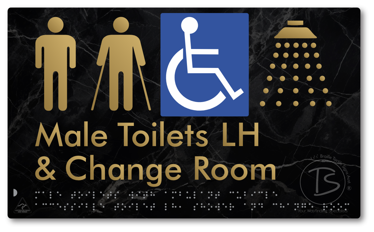 Male Toilets with Ambulant Cubicle Accessible Toilet LH, Shower and Change Room - Braille Tactile Signs Aust.