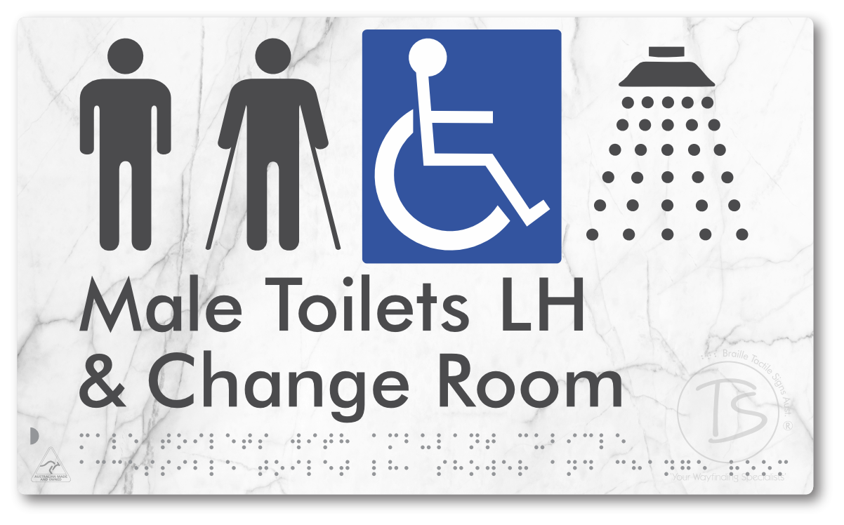 Male Toilets with Ambulant Cubicle Accessible Toilet LH, Shower and Change Room - Braille Tactile Signs Aust.