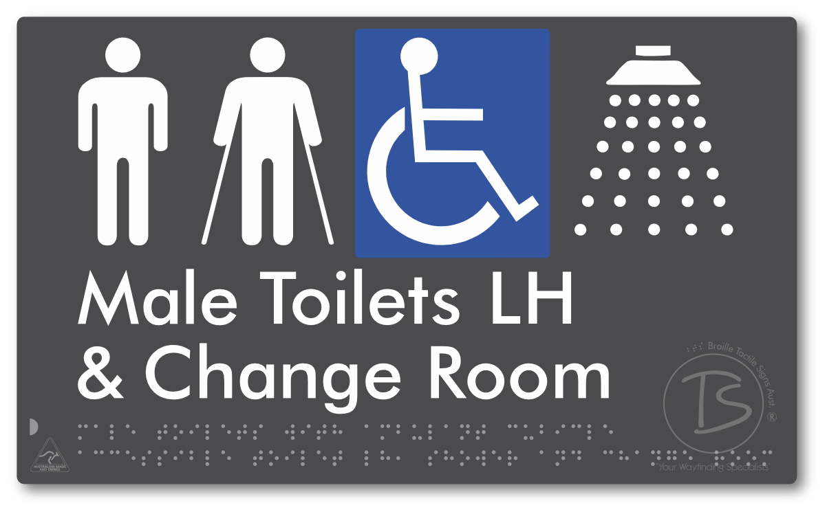 Male Toilets with Ambulant Cubicle Accessible Toilet LH, Shower and Change Room - Braille Tactile Signs Aust.