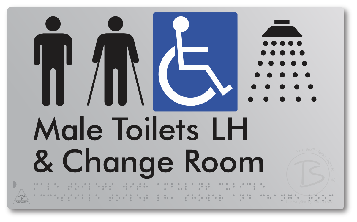 Male Toilets with Ambulant Cubicle Accessible Toilet LH, Shower and Change Room - Braille Tactile Signs Aust.