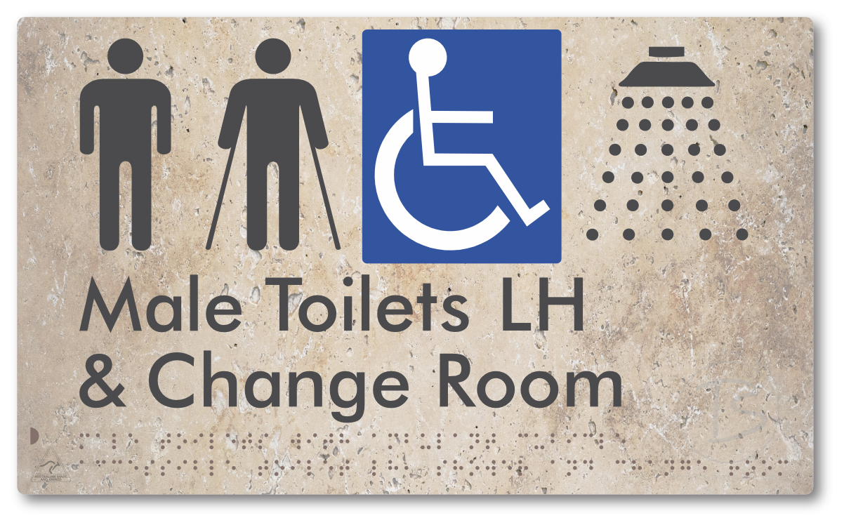 Male Toilets with Ambulant Cubicle Accessible Toilet LH, Shower and Change Room - Braille Tactile Signs Aust.