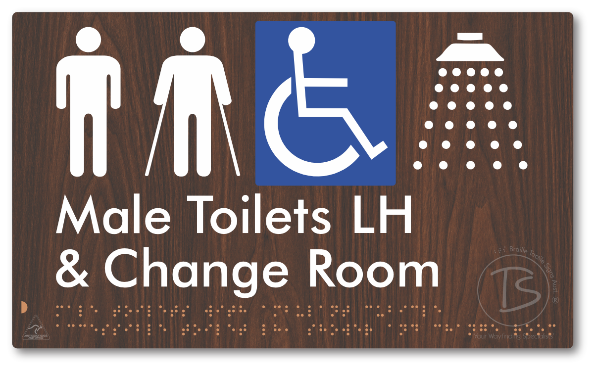 Male Toilets with Ambulant Cubicle Accessible Toilet LH, Shower and Change Room - Braille Tactile Signs Aust.
