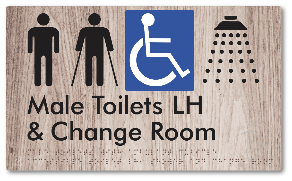 Male Toilets with Ambulant Cubicle Accessible Toilet LH, Shower and Change Room - Braille Tactile Signs Aust.