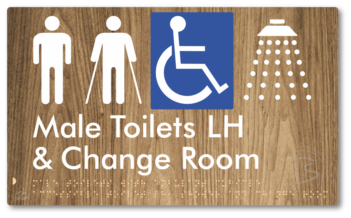 Male Toilets with Ambulant Cubicle Accessible Toilet LH, Shower and Change Room - Braille Tactile Signs Aust.